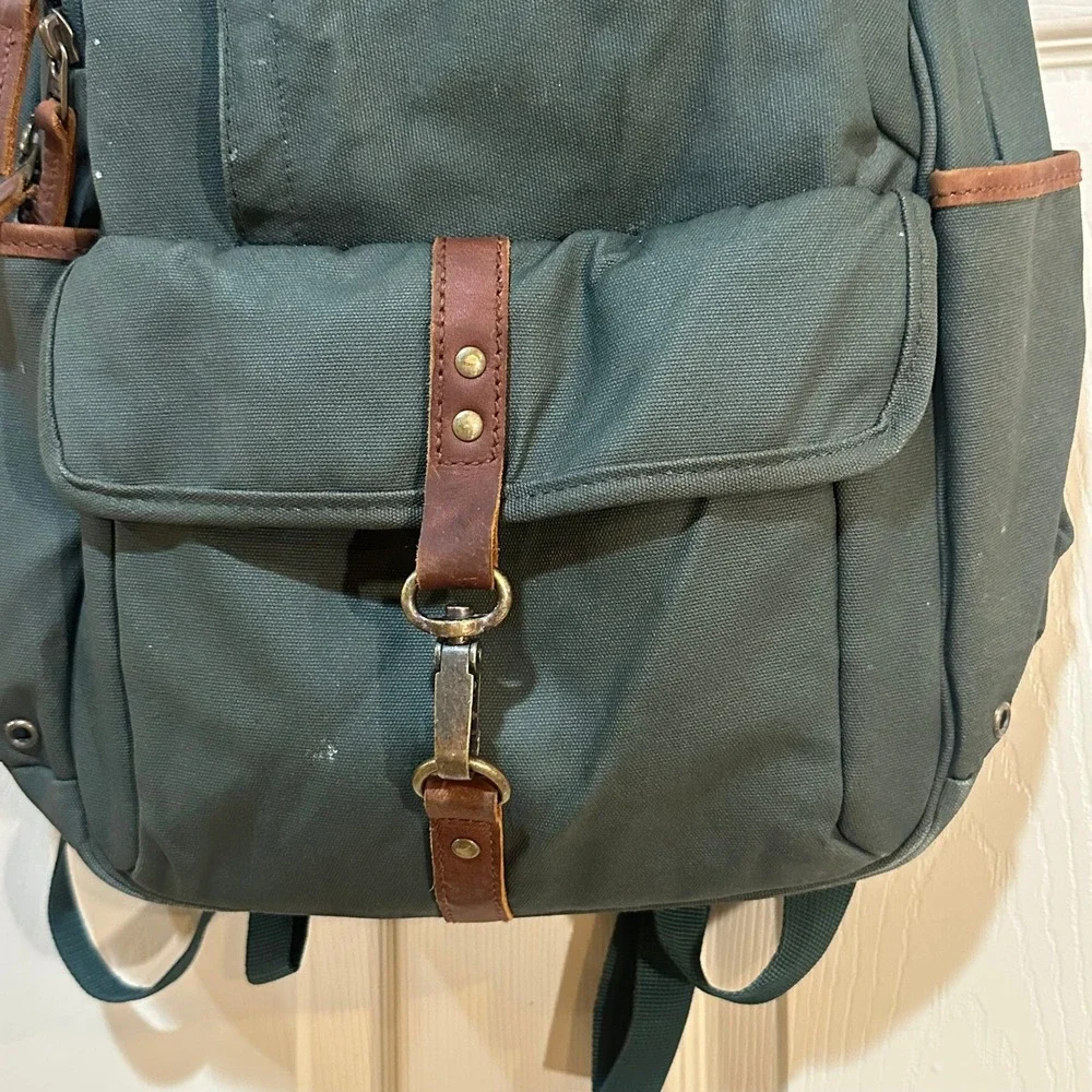 Timberland Canvas‎ Backpack Forest Green Leather Trim Outdoor Laptop Bag Travel